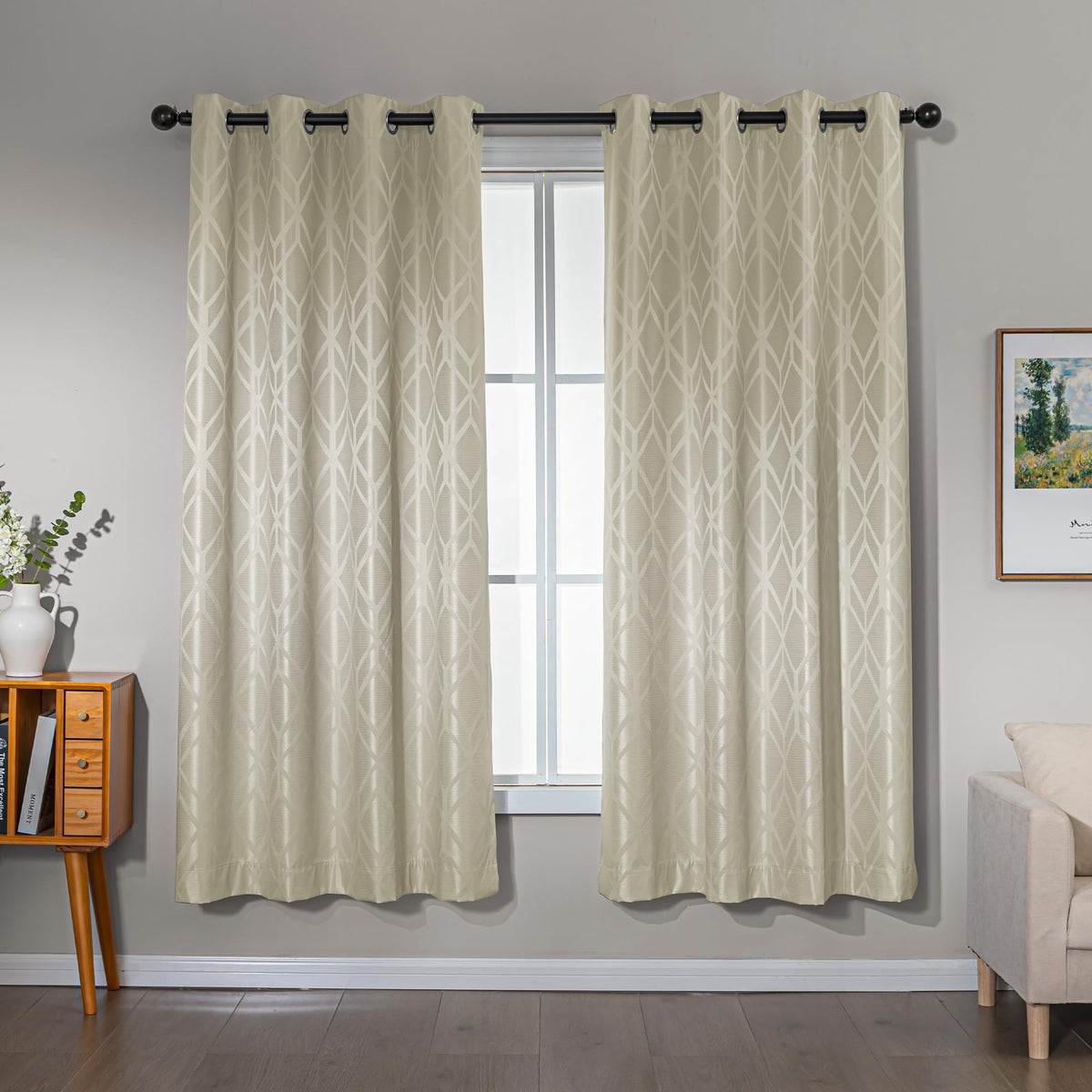 Amazon Basics Jacquard 2-Piece 100% Blackout Curtains, Living Room and Bedroom Drapes, Thermal Insulated Window Treatment, 52"x84", Beige
