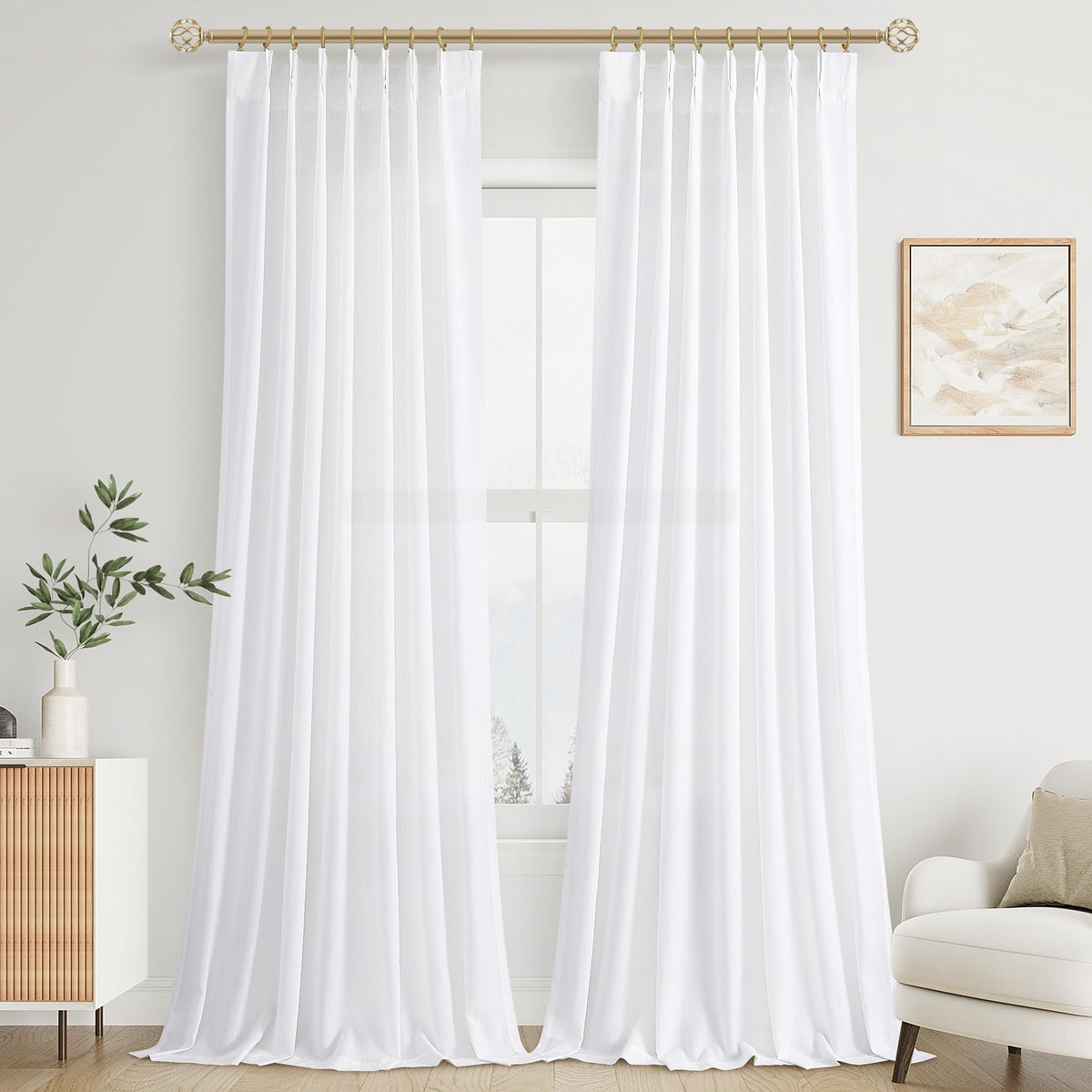 Aersas Linen Pinch Pleated Curtains 84 Inch Length 2 Panels Set for Living Room Cream Semi Sheer Window Curtain for Bedroom Boho Farmhouse Neutral Back Tab Drape Decor with Hooks, Natural Beige Ivory