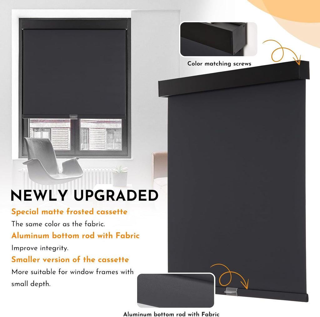 Persilux Cordless Blackout Roller Shades with Valance, Thermal Insulated Fabric Window Blinds, Free-Stop Shades for Home, Door and Bedroom (Black, 28" W x 72" H)