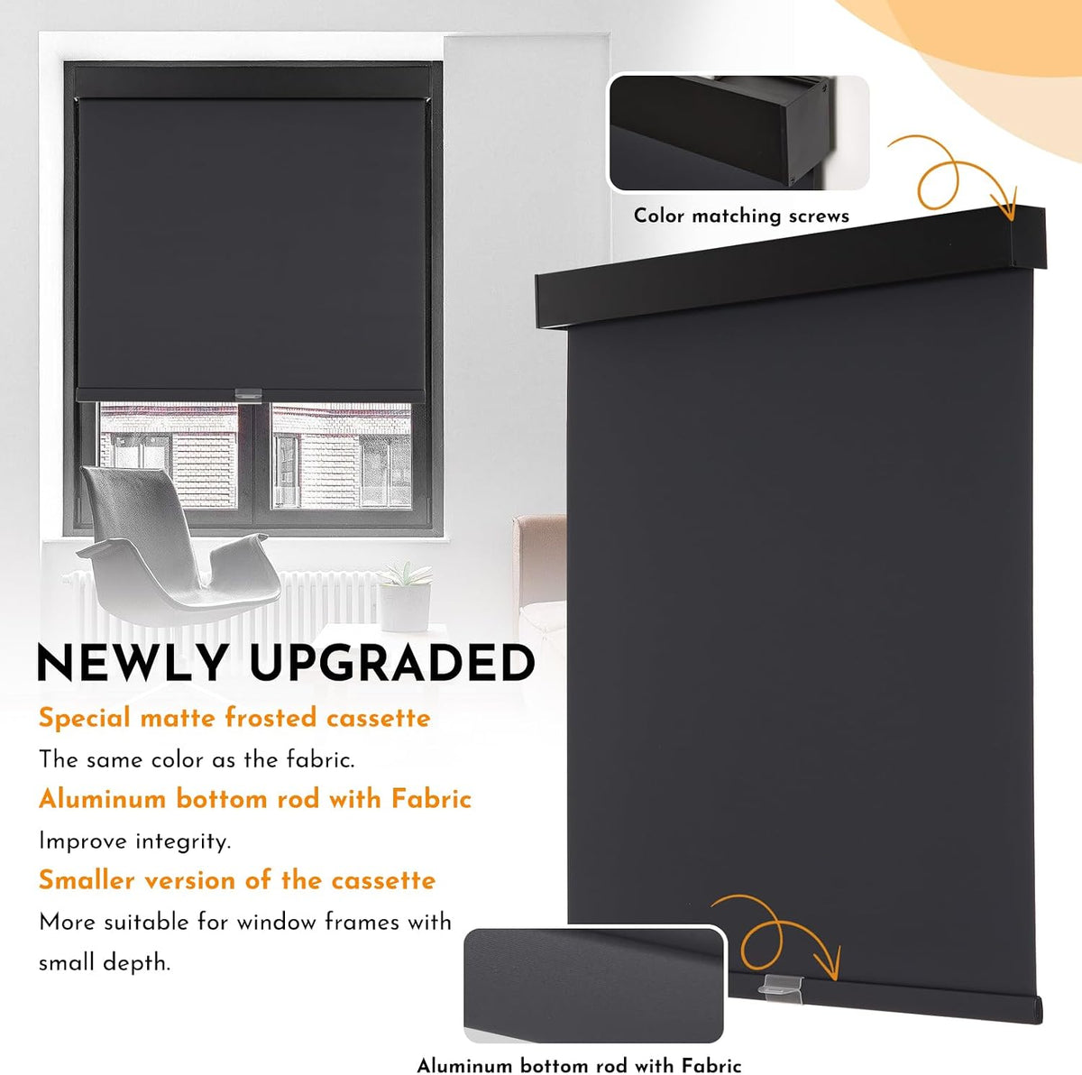 Persilux Cordless Blackout Roller Shades with Valance, Thermal Insulated Fabric Window Blinds, Free-Stop Shades for Home, Door and Bedroom (Black, 28" W x 72" H)