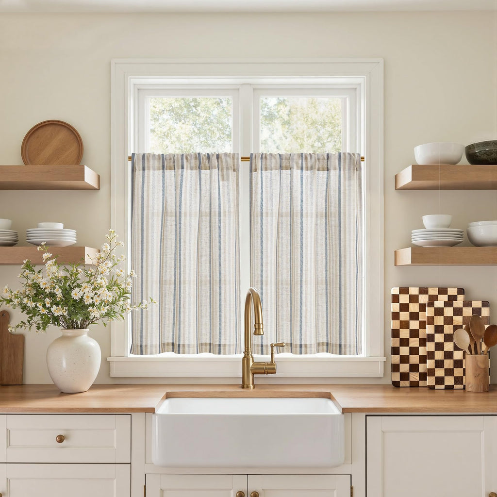 jinchan Striped Linen Kitchen Curtains 36 Inches Length Tier Curtains Farmhouse Modern Cafe Style Small Window Treatments Airy Light Filtering Rod Pocket for Living Room Bathroom 2 Panels Sage Green