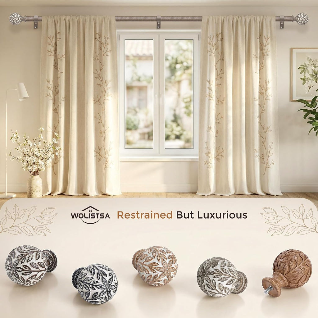 Curtain Rod 36-122 Inch, Boho Wood 1 Inch Curtain Rods for Windows