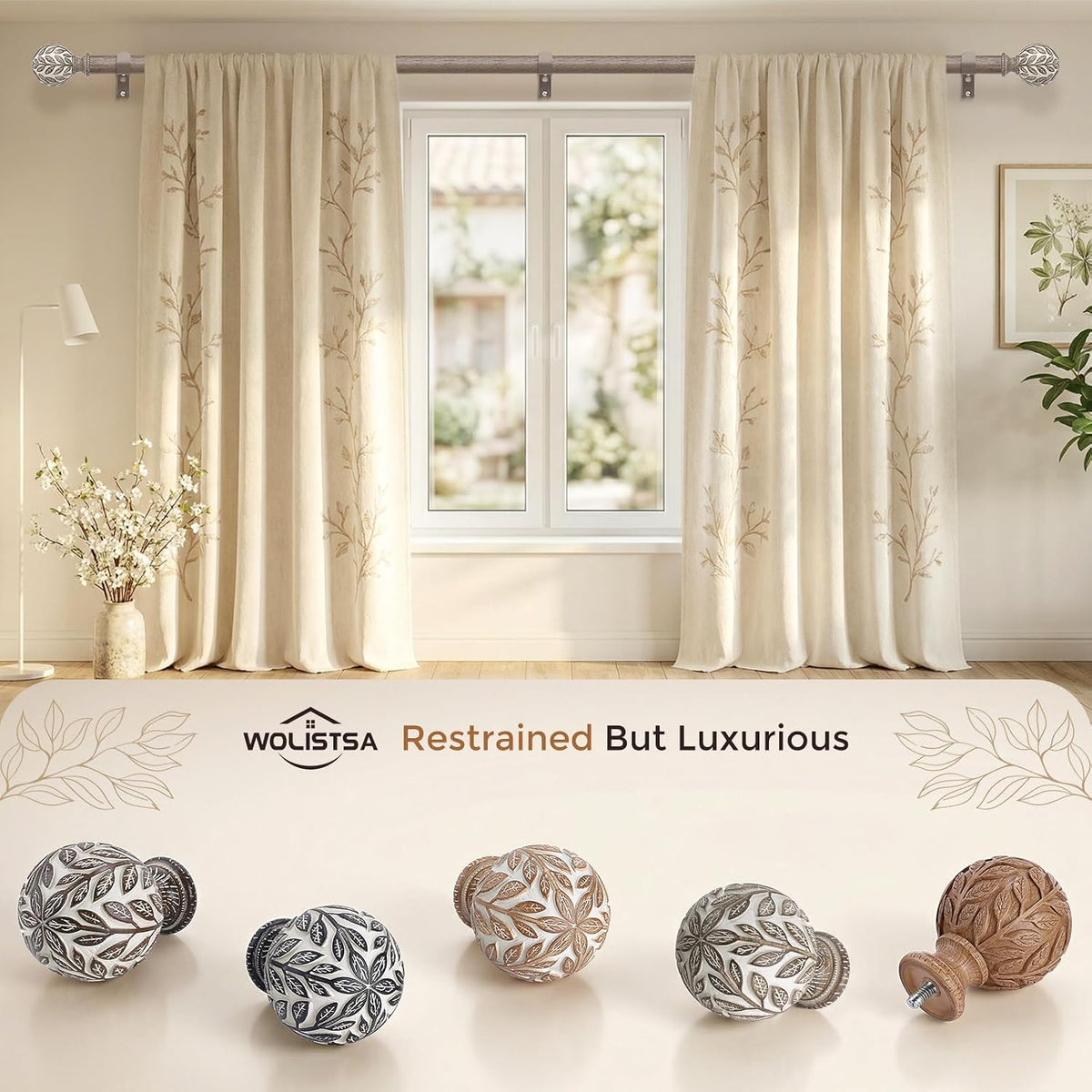 Curtain Rod 36-122 Inch, Boho Wood 1 Inch Curtain Rods for Windows