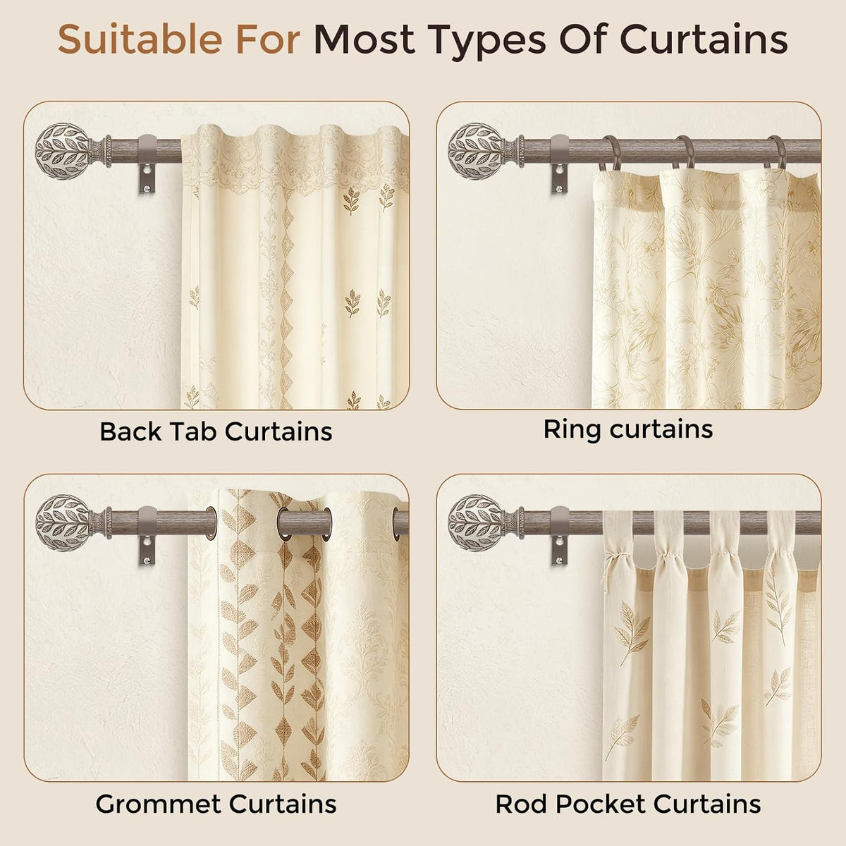 Curtain Rod 36-122 Inch, Boho Wood 1 Inch Curtain Rods for Windows