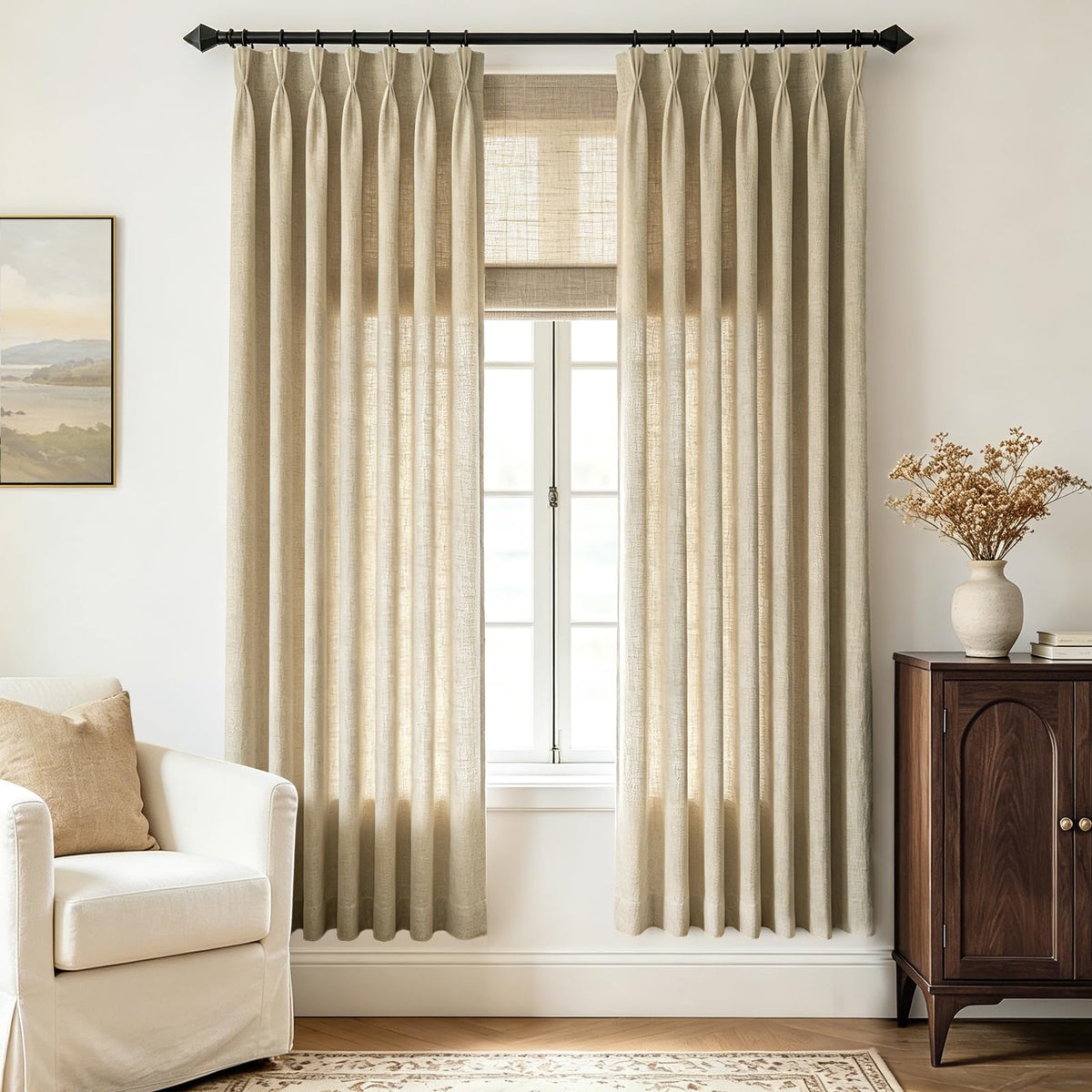 Beige Pinch Pleated Linen Curtains 108 inch Length 2 Panels for Living Room Light Filtering Triple Pleat Curtain Memory Trained FarmhouseNeutral Earthy Thick Flax Linen Drapes 108 inch Long Apricot