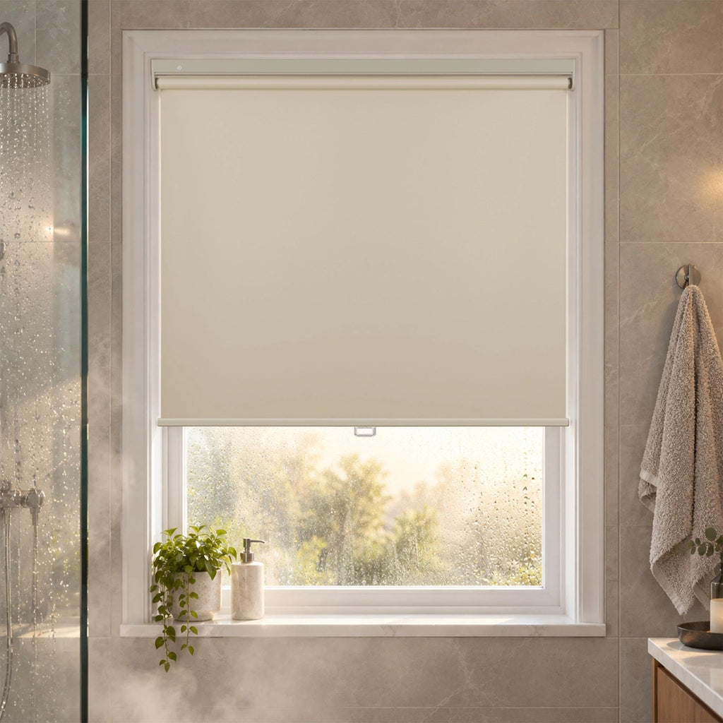 HESTIA No Drill Cordless Blackout Roller Shades Screwless Waterproof Shower Window Blinds, Auto-Retraction Easy Install Blind for Bathroom/Kitchen/Office/Exterior, White, 21" W x 54" H