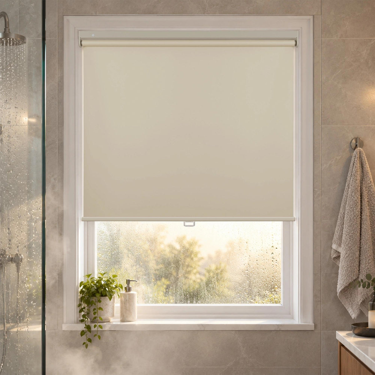 HESTIA No Drill Cordless Blackout Roller Shades Screwless Waterproof Shower Window Blinds, Auto-Retraction Easy Install Blind for Bathroom/Kitchen/Office/Exterior, White, 21" W x 54" H