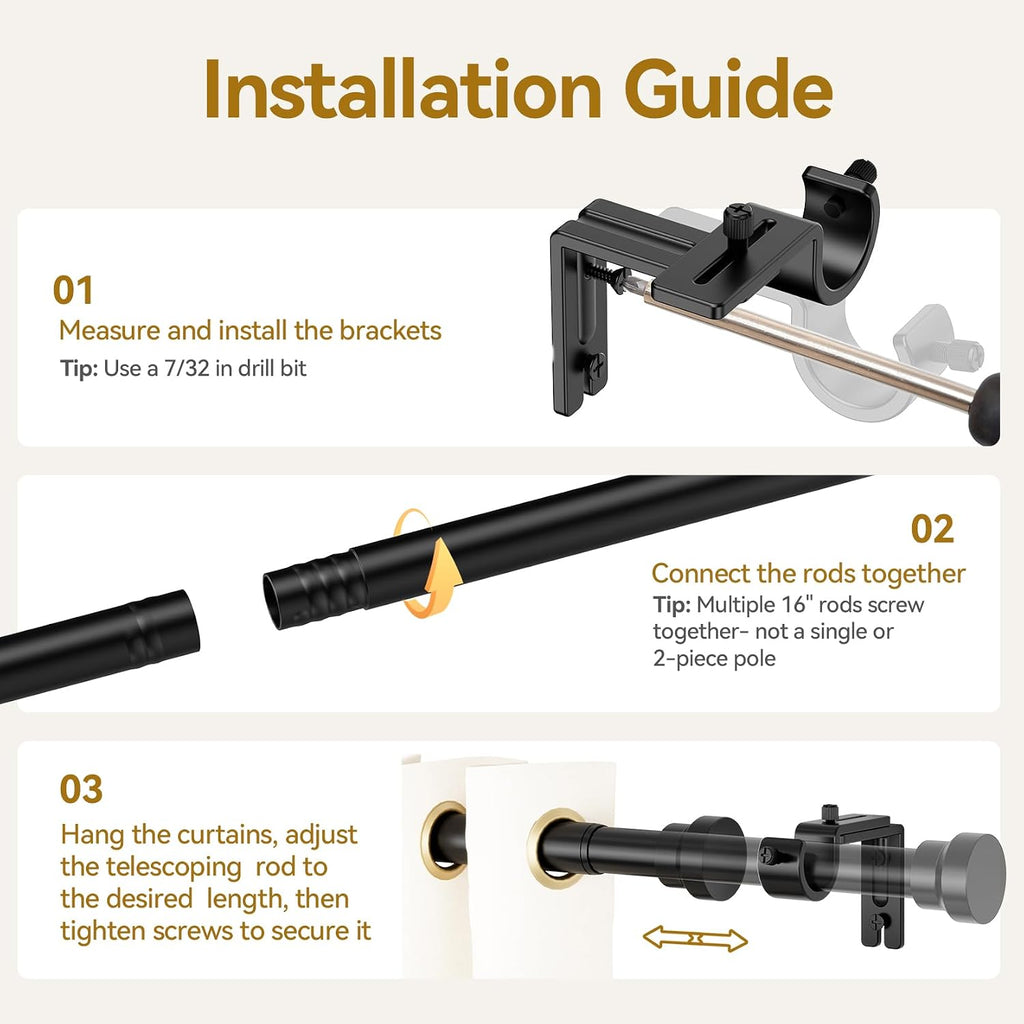 YaFex Curtain Rods 32-144 Inch, Heavy Duty 1 Inch Adjustable Curtain Rod for Windows, Black Extra Long Window Treatment Rods, Modern Design, Easy Installation