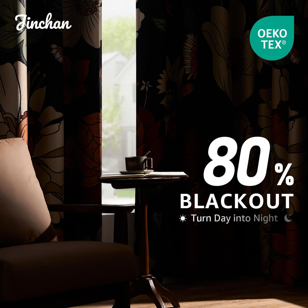 jinchan Black Boho Floral Blackout Curtains W100xL96 Grommet 1 Panel