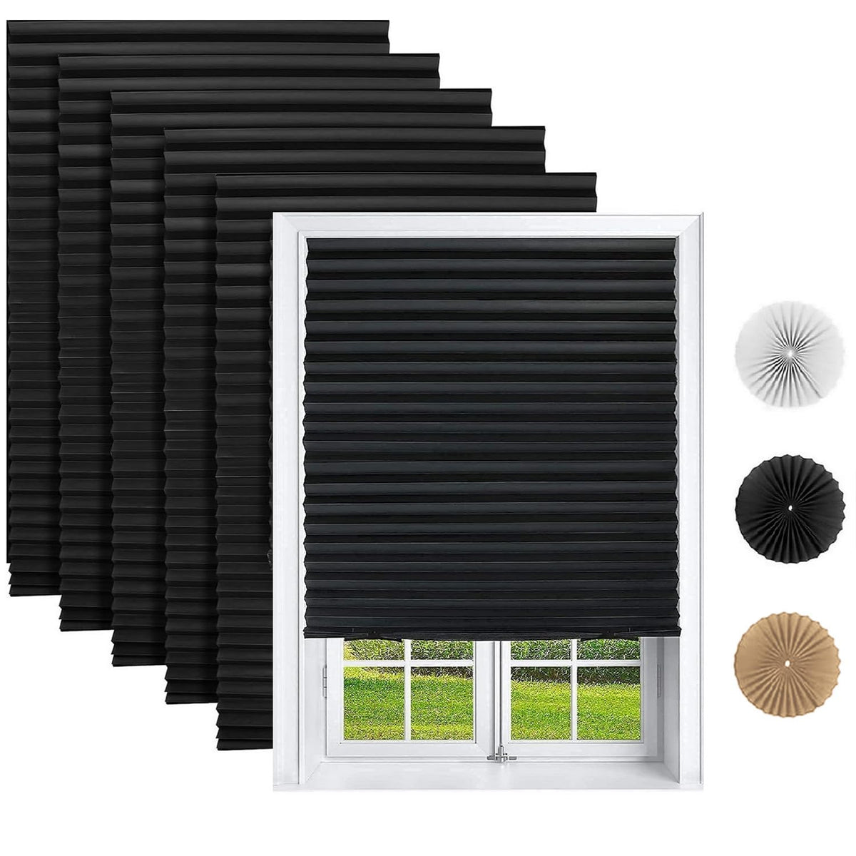 Changshade 6 Pack Temporary Shades,Blackout Pleated Paper Blinds for Indoor Windows Cut to Size Adhesive Paper Shades No Tools No Drilling for Office, Bedroom, Living Room, 36" W x 72" H, Black