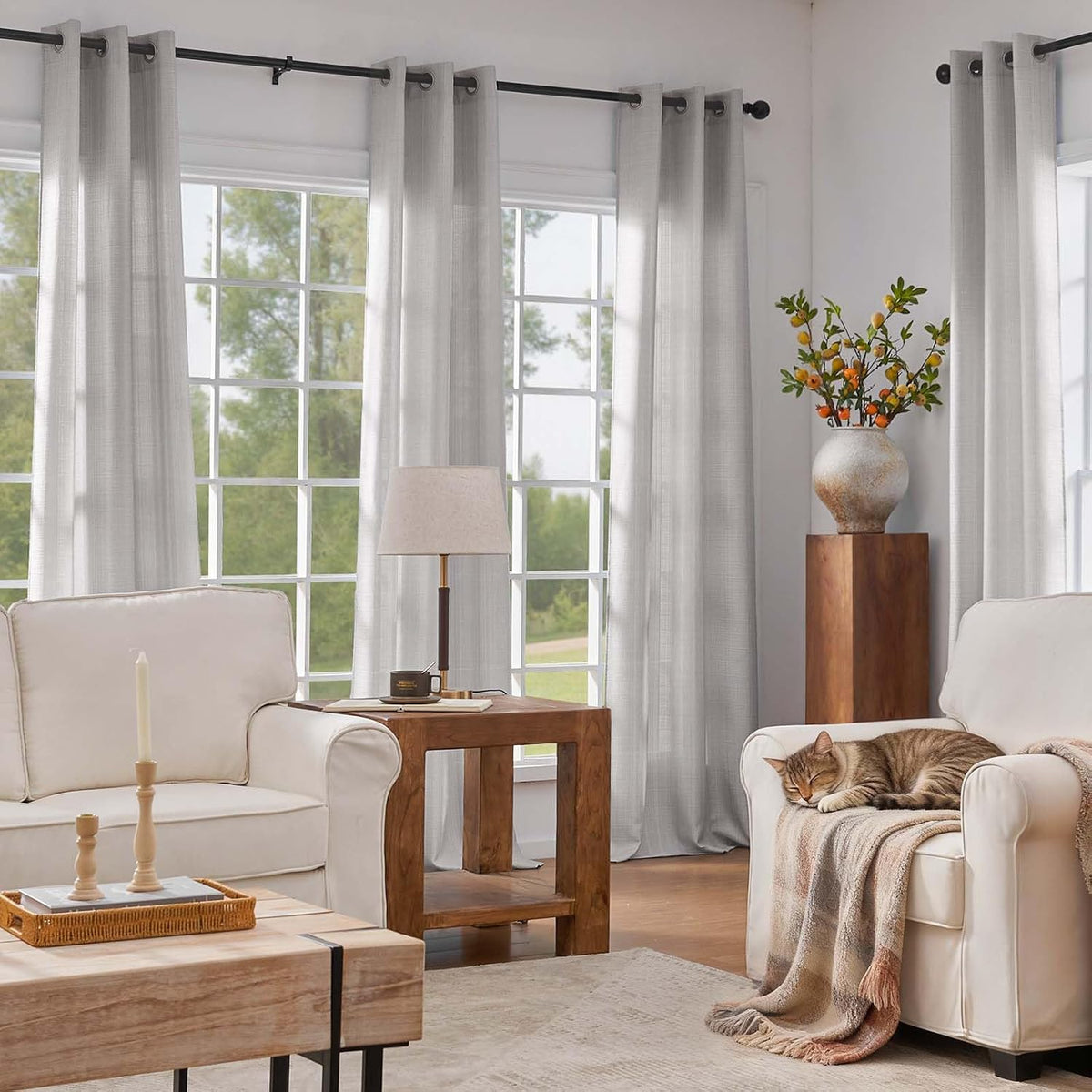 jinchan Grey Linen Textured Curtains 96 Inch Long 2 Panels for Living Room Grommet Top Light Filtering Window Drapes for Bedroom Heathered Gray