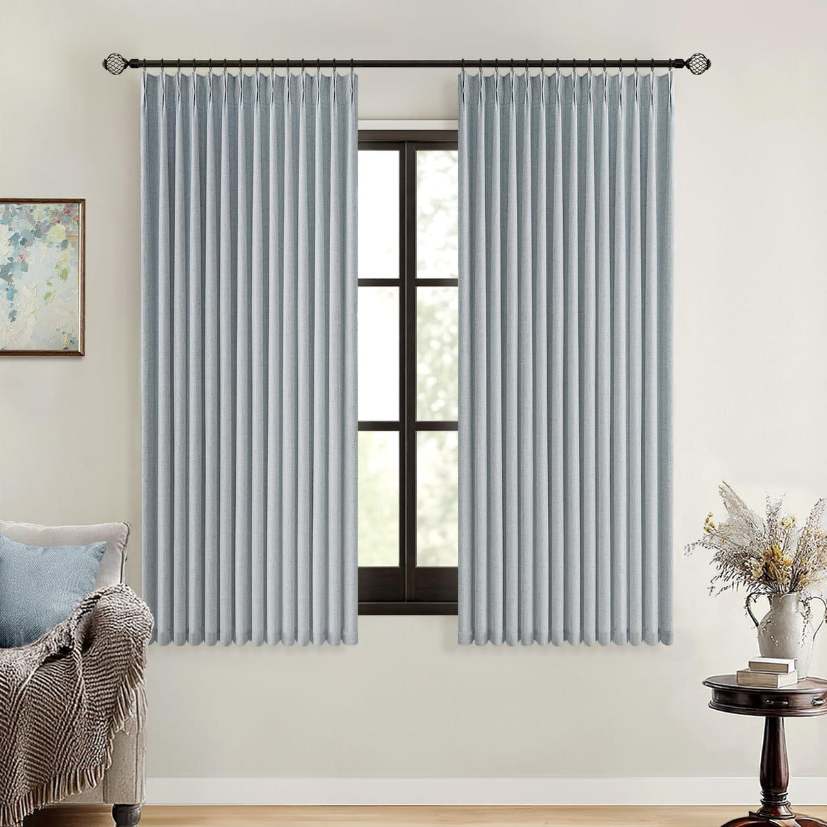 MIULEE Olive Green Pinch Pleated 100% Blackout Linen Curtains 40x108 Inches
