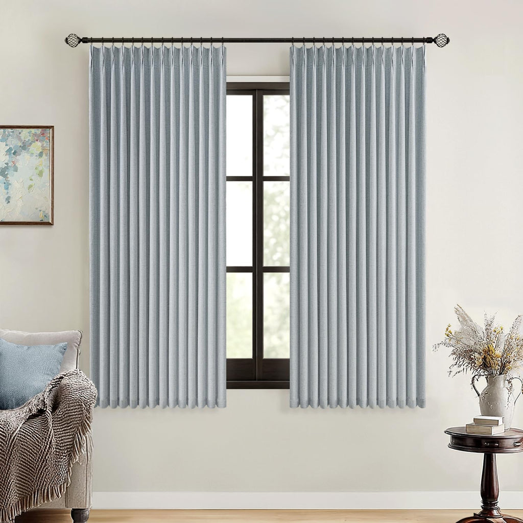 MIULEE Olive Green Pinch Pleated 100% Blackout Linen Curtains 40x108 Inches