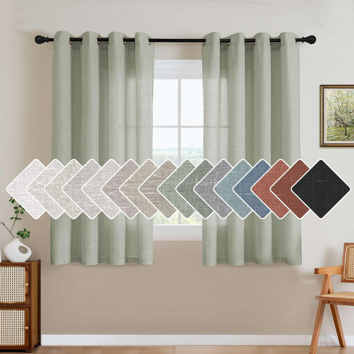 H.VERSAILTEX Natural Linen Grommet Curtains 84 Inch Length for Living Room 2 Panel Drape Semi Sheer Neutral Country Rustic Farmhouse Boho Curtain Bedroom Muslin Look Light Filtering, Heathered Natural