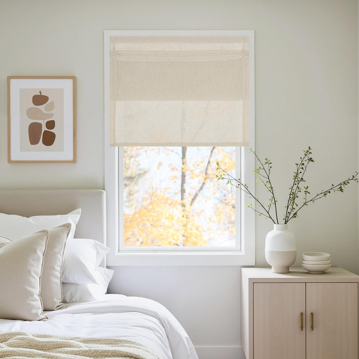 NICETOWN Natural Linen No Drill Roman Shades for Windows, French Front Door Curtain Solid Cordless Blinds for Farmhouse Door Window Covering with Light Filgtering, W26 x L69, 1Pc