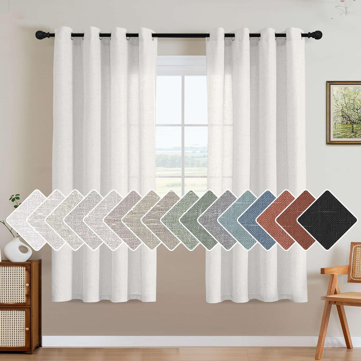 H.VERSAILTEX Natural Linen Grommet Curtains 84 Inch Length for Living Room 2 Panel Drape Semi Sheer Neutral Country Rustic Farmhouse Boho Curtain Bedroom Muslin Look Light Filtering, Heathered Natural