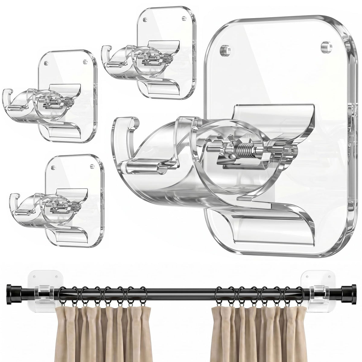 JHCJHC No Drill Curtain Rod Brackets-20LB,4 Pcs Adhesive Curtain Rod Holder
