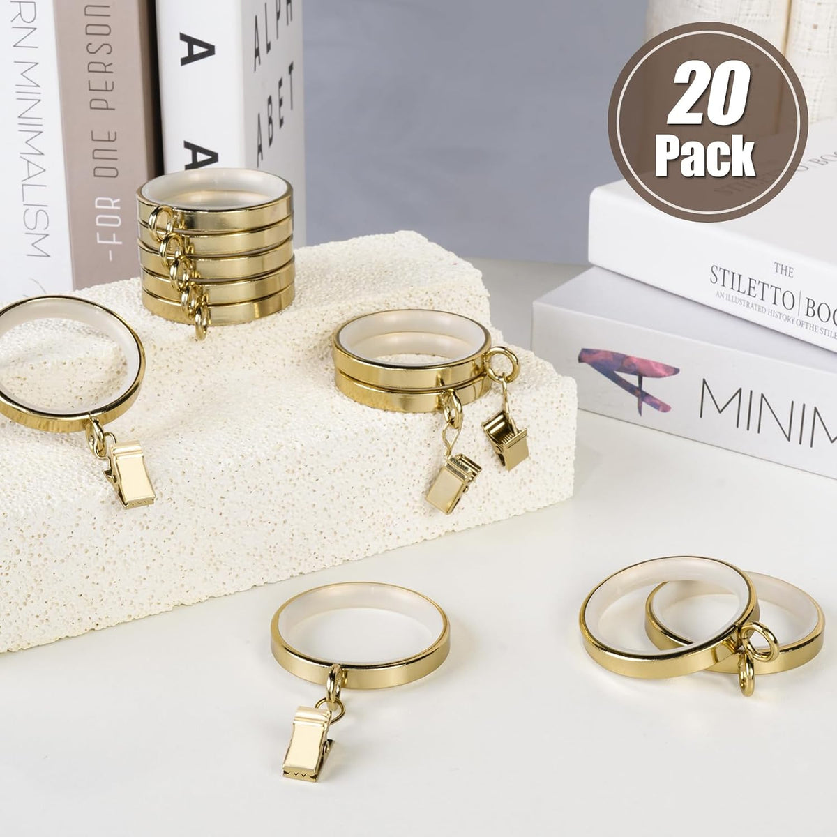 20 Pack Premium Easy Glide Curtain Rings with Clips, Metal Drapery Rings with Silent Nylon Inserts, 2 inch Diameter (1-5/8 inch Inside Diameter) Gold Curtain Rod Clips & Rings for Windows