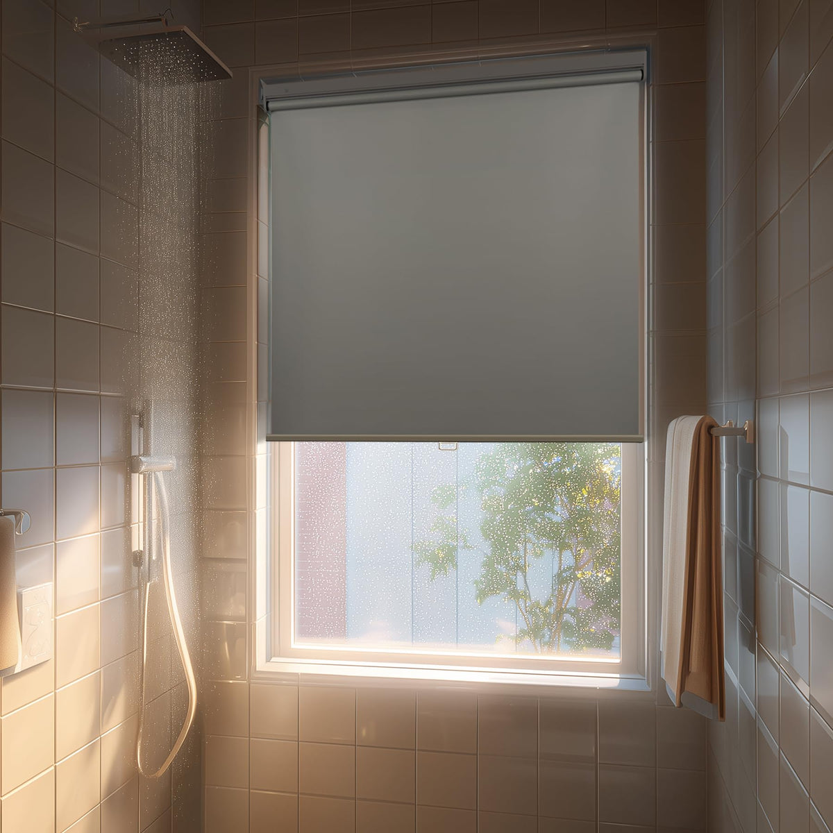HESTIA No Drill Cordless Blackout Roller Shades Screwless Waterproof Shower Window Blinds, Auto-Retraction Easy Install Blind for Bathroom/Kitchen/Office/Exterior, White, 21" W x 54" H