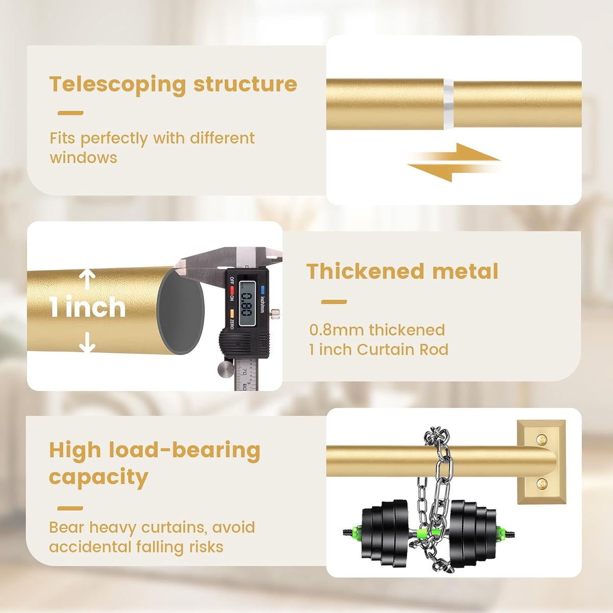 TANGWIN Wrap Around Blackout Curtain Rods,1" Heavy Duty Adjust 48-90",Gold