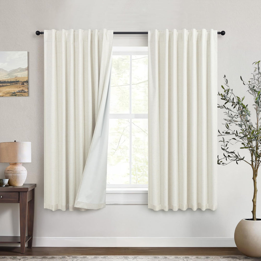 Natural Linen Back Tab Blackout Curtains & Drapes 96 Inch Long for Bedroom Livingroom Farmhouse Curtain 2 Panel Neutral Cute Black Out Room Darkening Thermal Insulated 8ft Pleated Window Curtain Cream