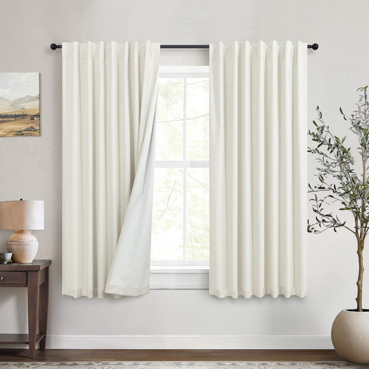 Natural Linen Back Tab Blackout Curtains & Drapes 96 Inch Long for Bedroom Livingroom Farmhouse Curtain 2 Panel Neutral Cute Black Out Room Darkening Thermal Insulated 8ft Pleated Window Curtain Cream