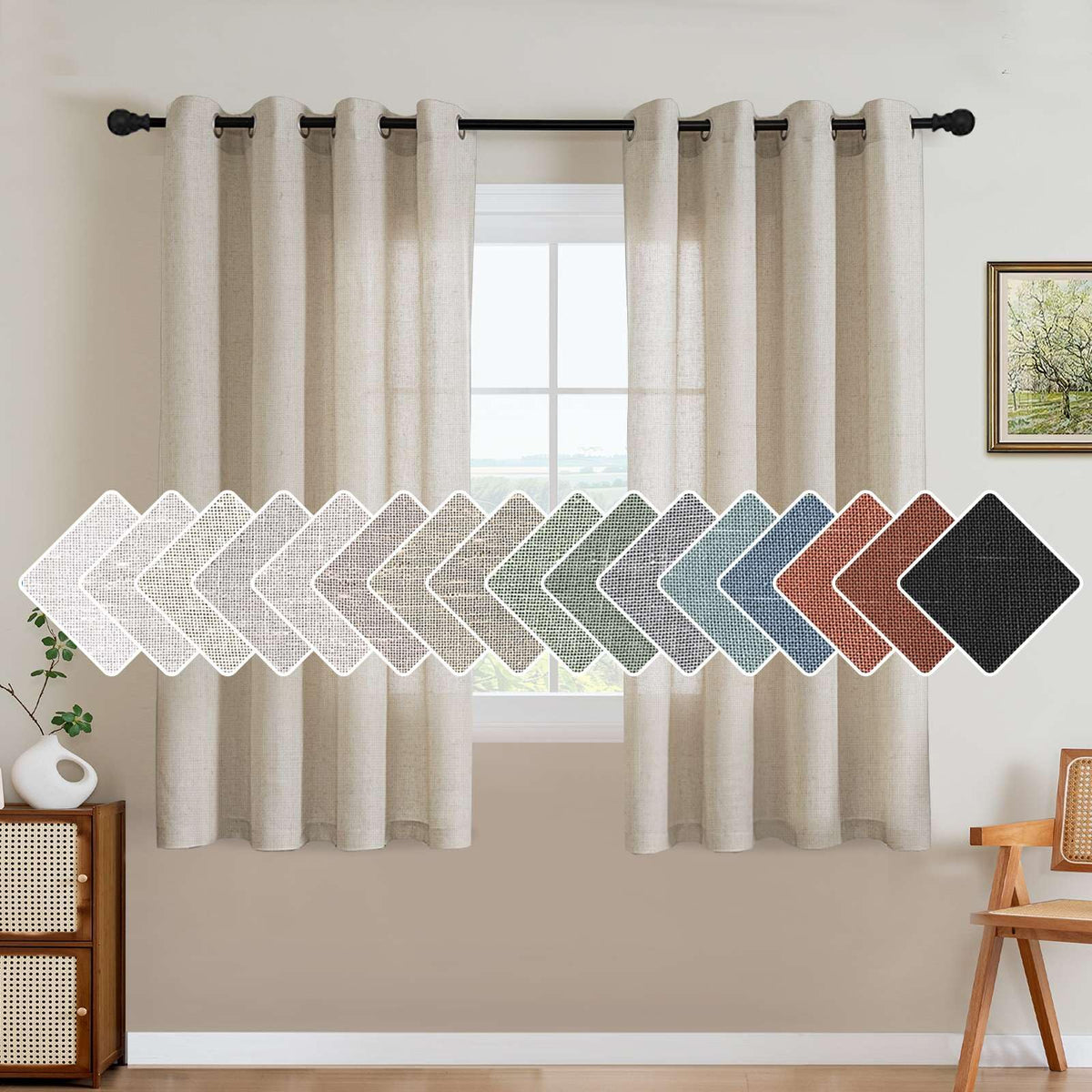 H.VERSAILTEX Natural Linen Grommet Curtains 84 Inch Length for Living Room 2 Panel Drape Semi Sheer Neutral Country Rustic Farmhouse Boho Curtain Bedroom Muslin Look Light Filtering, Heathered Natural
