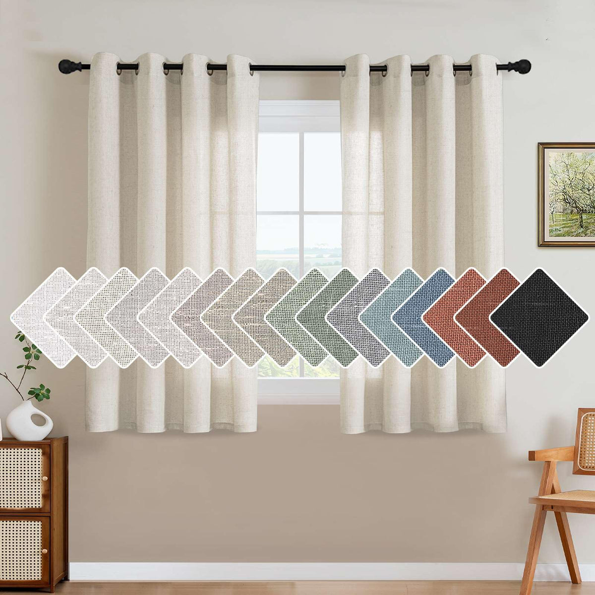 H.VERSAILTEX Natural Linen Grommet Curtains 84 Inch Length for Living Room 2 Panel Drape Semi Sheer Neutral Country Rustic Farmhouse Boho Curtain Bedroom Muslin Look Light Filtering, Heathered Natural