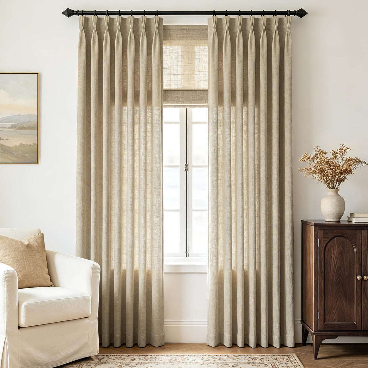Beige Pinch Pleated Linen Curtains 108 inch Length 2 Panels for Living Room Light Filtering Triple Pleat Curtain Memory Trained FarmhouseNeutral Earthy Thick Flax Linen Drapes 108 inch Long Apricot