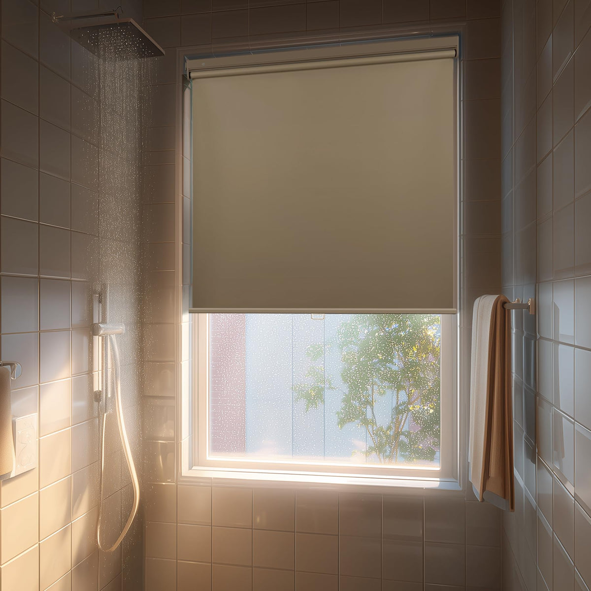 HESTIA No Drill Cordless Blackout Roller Shades Screwless Waterproof Shower Window Blinds, Auto-Retraction Easy Install Blind for Bathroom/Kitchen/Office/Exterior, White, 21" W x 54" H