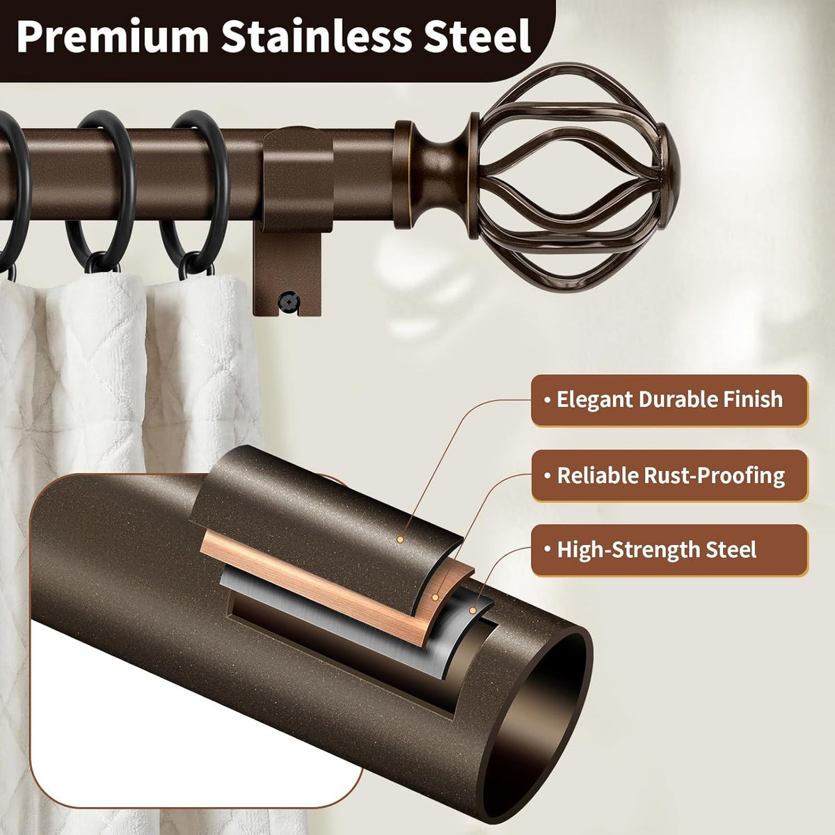 Bronze Curtain Rods for Windows 28-48 Inch (2.3-4 ft) with Decorative Cage Finials, 1 Inch Adjustable Heavy Duty Metal Window Treatment Rods for Living Room, Bedroom, Patio, Sliding Glass Door