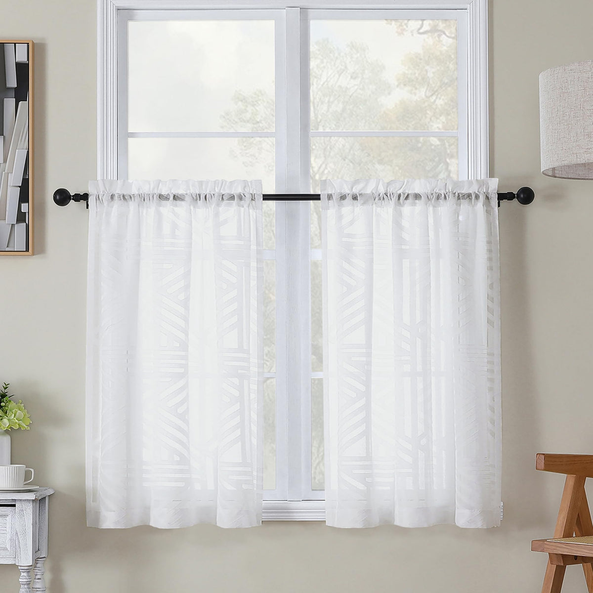 Simplebrand Dusty Blue Semi Sheer Curtains 45 Inch Length 2 Panels, Geometric Jacquard Clip Textured Short Sheer Curtains for Bedroom，Modern Elegant Window Curtains Drapes/Treatment Sheer，42x45 inch