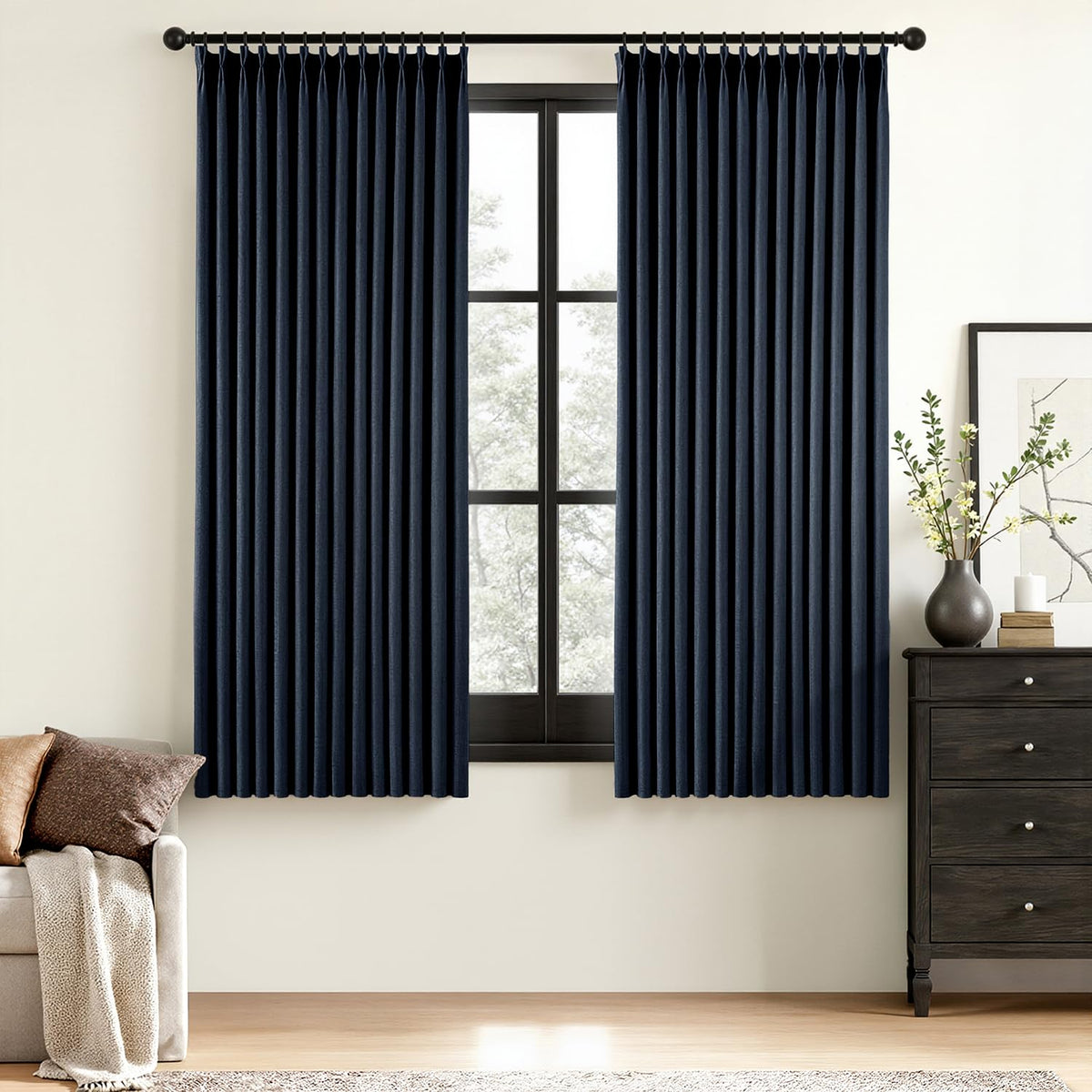 MIULEE Olive Green Pinch Pleated 100% Blackout Linen Curtains 40x108 Inches