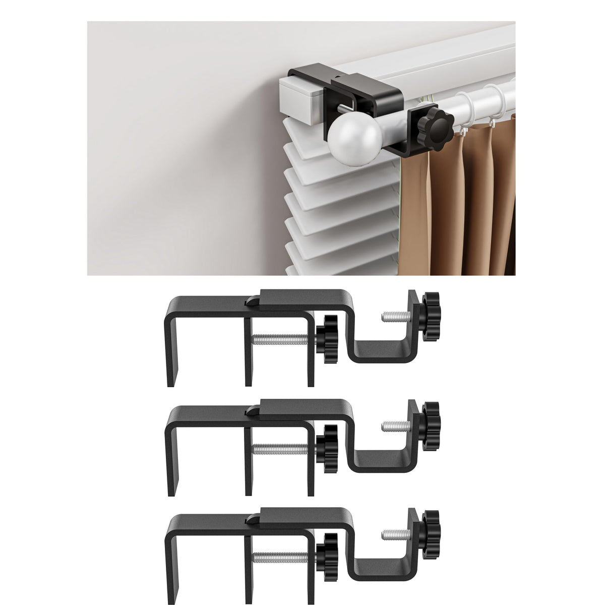 Over-Blinds Curtain Rod Brackets for Outside-Mounted Blinds, Blinds Curtain Rod Brackets for 1.3–2” Rectangular Headrails, Tool-Free No-Drill Installation for Apartments, Rentals Set of 2 (Black)