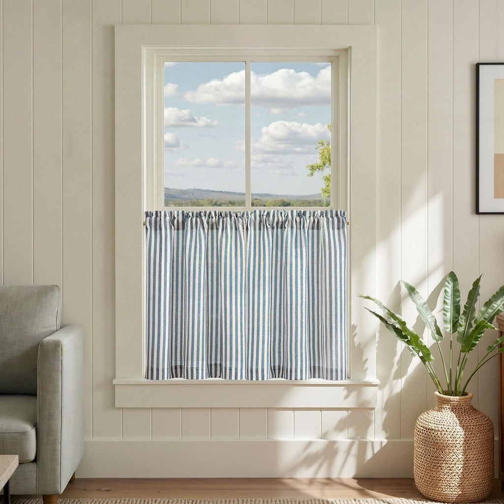 jinchan Striped Linen Kitchen Curtains 36 Inches Length Tier Curtains Farmhouse Modern Cafe Style Small Window Treatments Airy Light Filtering Rod Pocket for Living Room Bathroom 2 Panels Sage Green