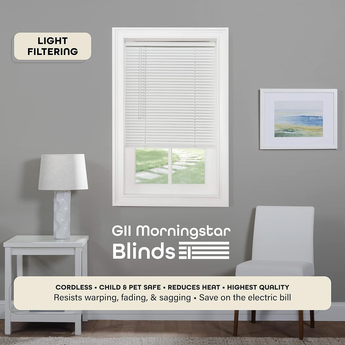 Cordless Light Filtering Mini Blinds for Indoor, 29 x 64 in, Pearl White