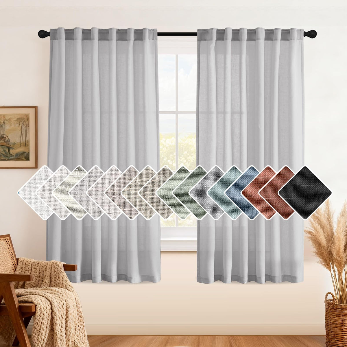 H.VERSAILTEX Natural Linen Grommet Curtains 84 Inch Length for Living Room 2 Panel Drape Semi Sheer Neutral Country Rustic Farmhouse Boho Curtain Bedroom Muslin Look Light Filtering, Heathered Natural