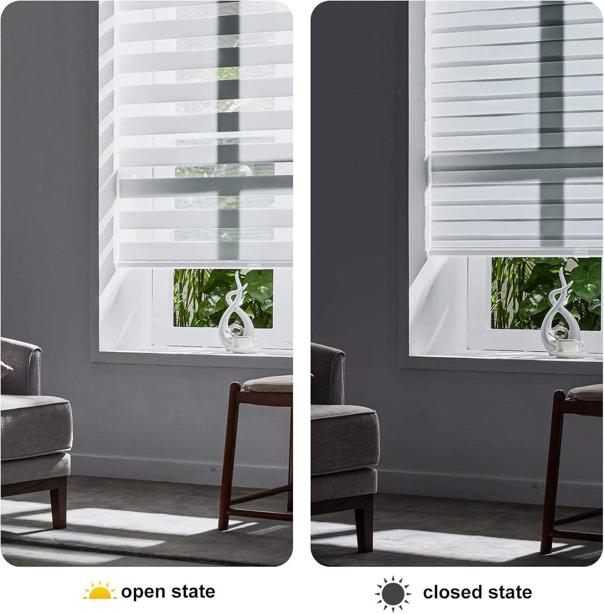Persilux Cordless Zebra Blinds for Windows Free-Stop Window Blinds (34" W X 64" H, White) Dual Layer Light Control for Day and Night, Light Filtering Sheer Shades for Home, Bedroom, Easy to Install
