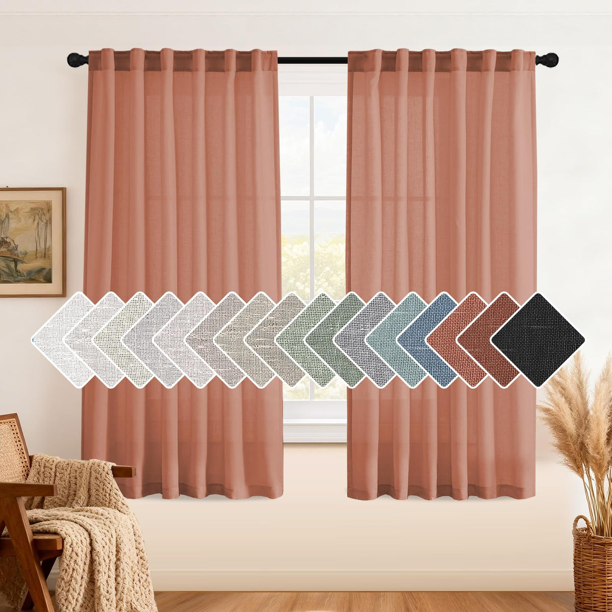 H.VERSAILTEX Natural Linen Grommet Curtains 84 Inch Length for Living Room 2 Panel Drape Semi Sheer Neutral Country Rustic Farmhouse Boho Curtain Bedroom Muslin Look Light Filtering, Heathered Natural