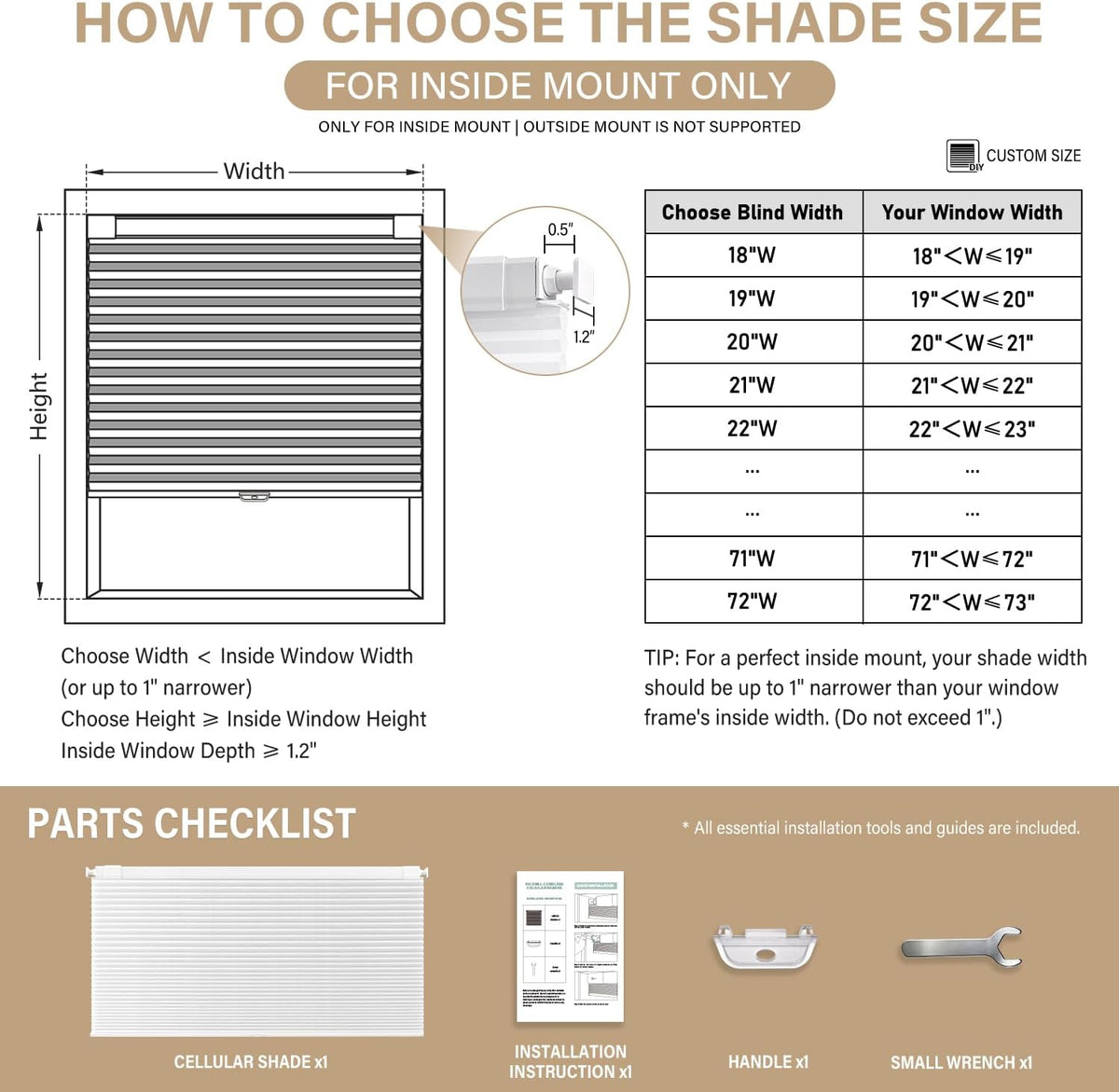 AOSKY No Drill Cordless Light Filtering Cellular Shade 34" W x 48" H White