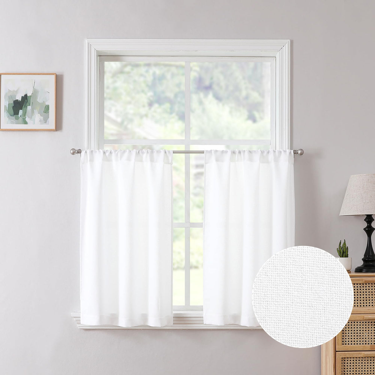 Tollpiz Linen Tier Curtains Rod Pocket Semi Sheer Short Kitchen Curtain Half Burlap Light Filtering Thick Linen Drape for Bathroom, 30 x 30 inches Long, Natural, Set of 2 Panels