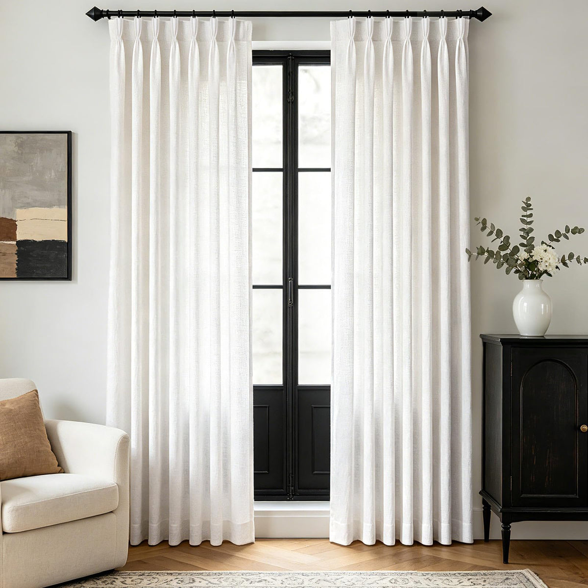 Beige Pinch Pleated Linen Curtains 108 inch Length 2 Panels for Living Room Light Filtering Triple Pleat Curtain Memory Trained FarmhouseNeutral Earthy Thick Flax Linen Drapes 108 inch Long Apricot