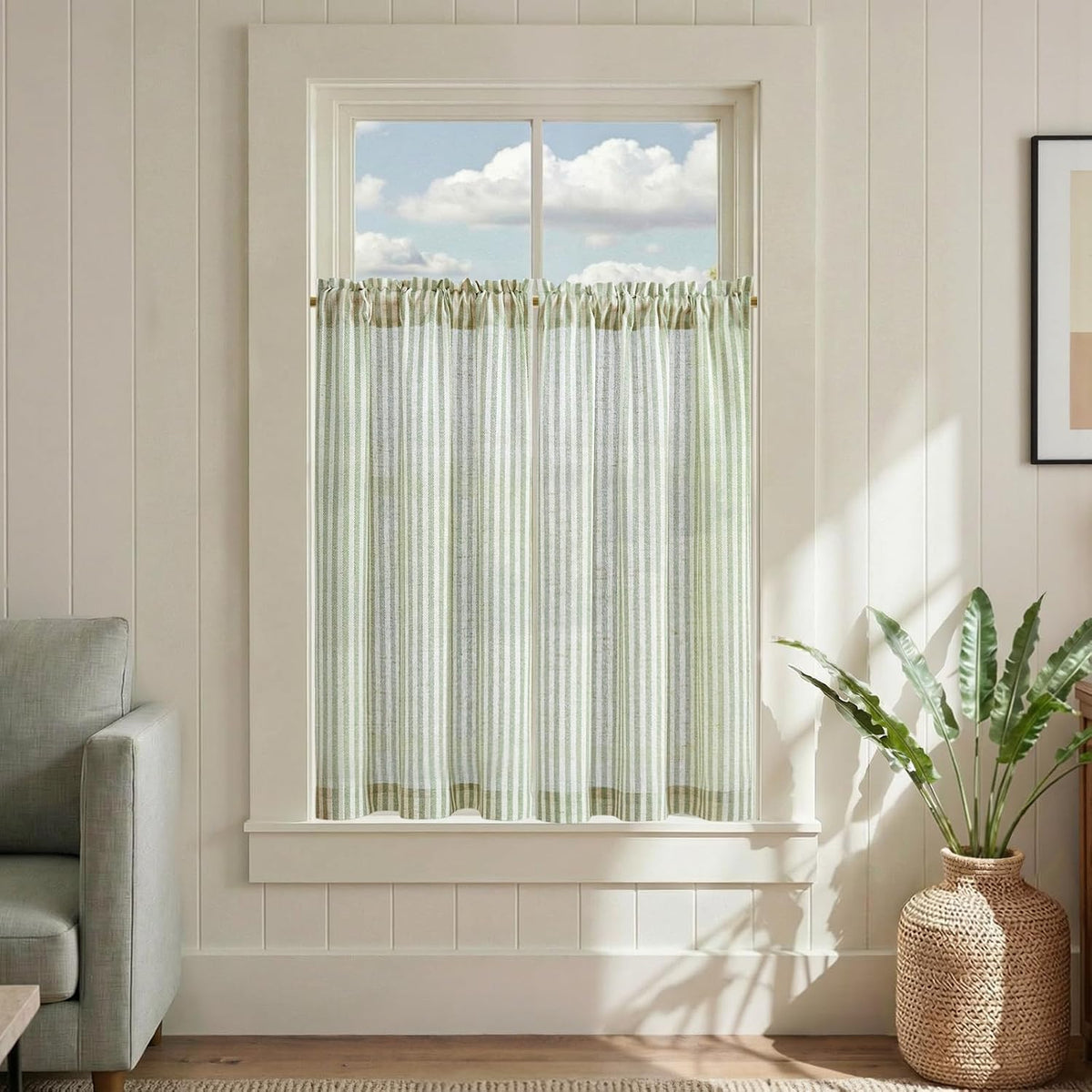 jinchan Striped Linen Kitchen Curtains 36 Inches Length Tier Curtains Farmhouse Modern Cafe Style Small Window Treatments Airy Light Filtering Rod Pocket for Living Room Bathroom 2 Panels Sage Green