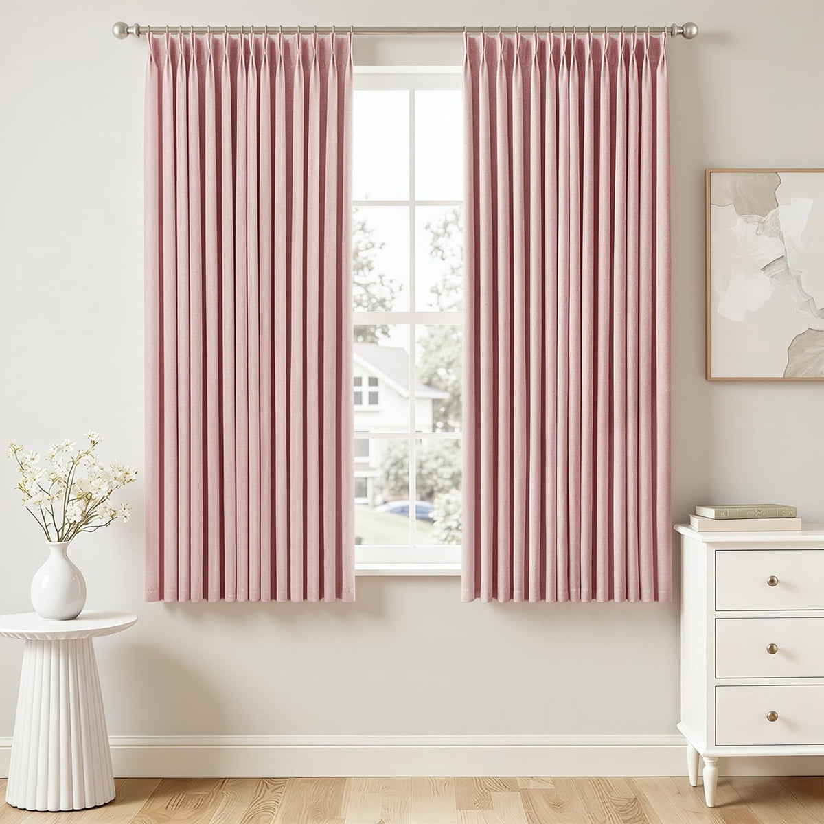 MIULEE Olive Green Pinch Pleated 100% Blackout Linen Curtains 40x108 Inches