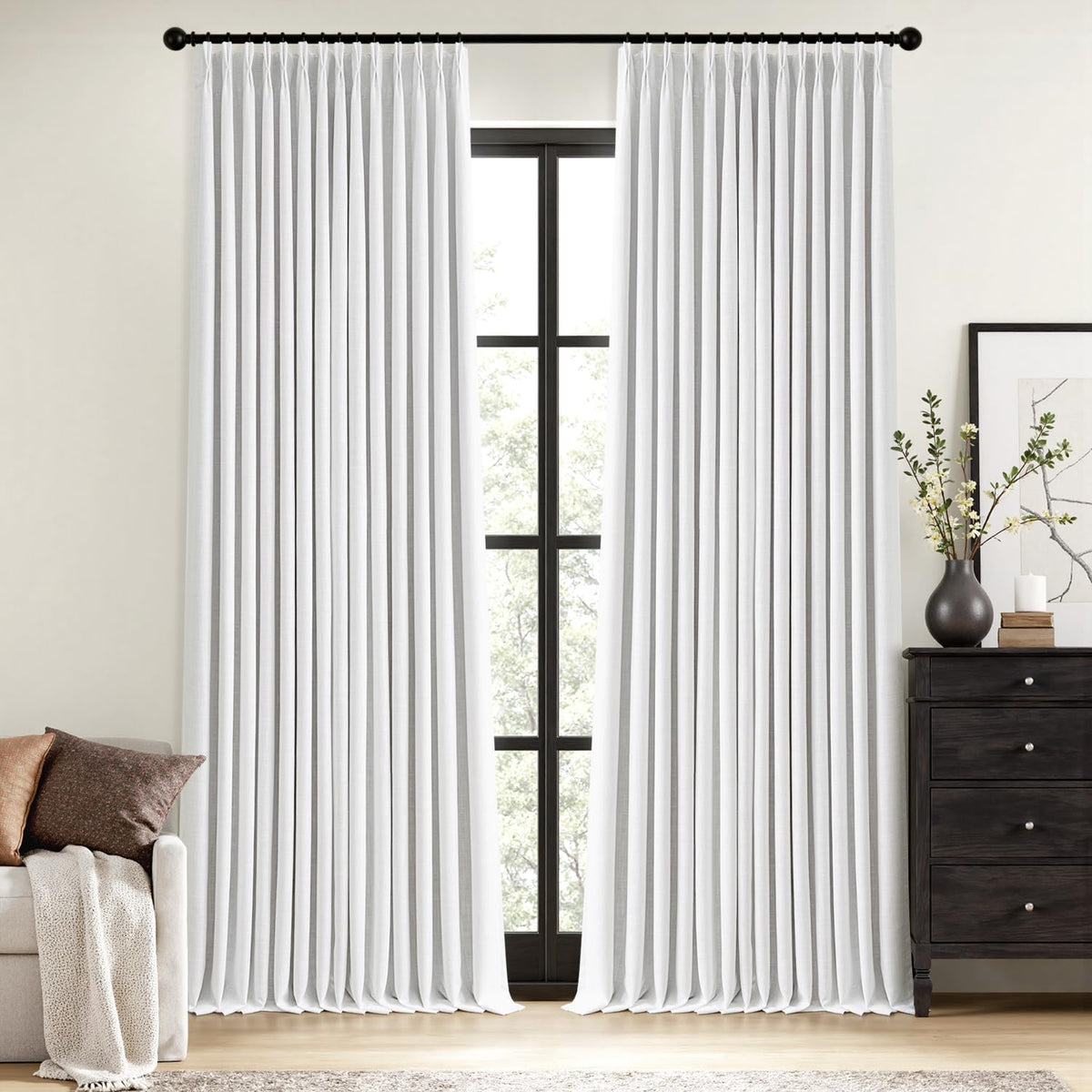 MIULEE Olive Green Pinch Pleated 100% Blackout Linen Curtains 40x108 Inches