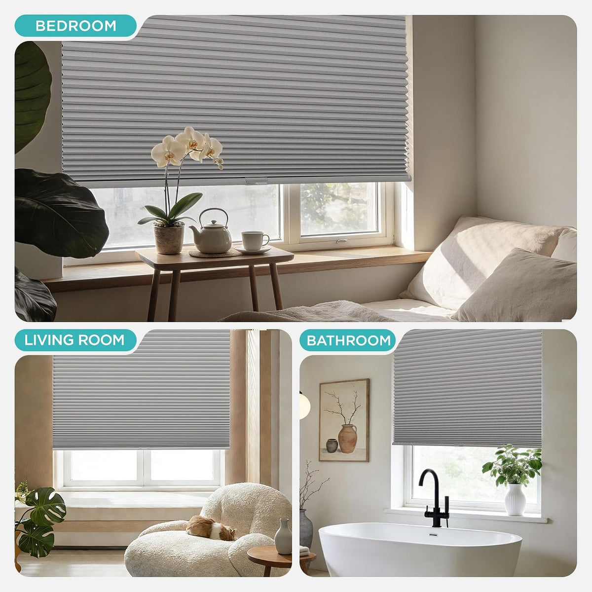 Joydeco No Drill Cordless Blackout Cellular Shades, 35" W x 64" H, Grey