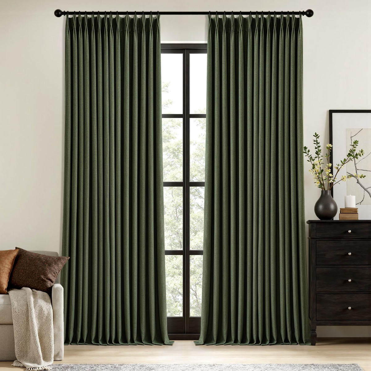 MIULEE Olive Green Pinch Pleated 100% Blackout Linen Curtains 40x108 Inches