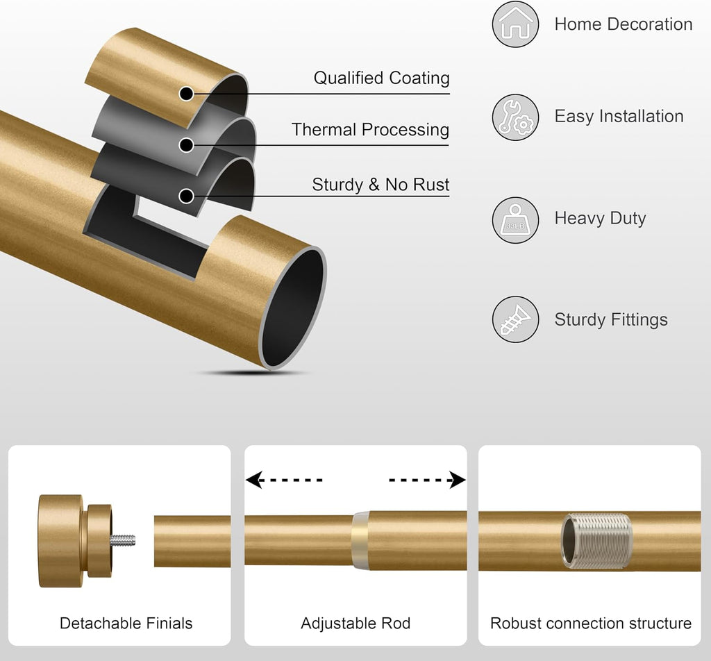 PORTRES Gold Heavy Duty Curtain Rods for Windows 66 to 120 Inches Adjustable Length 1" Diameter Brass Curtain Rod with Modern Decorative Finials for Outdoor Bedroom Kitchen Living Room