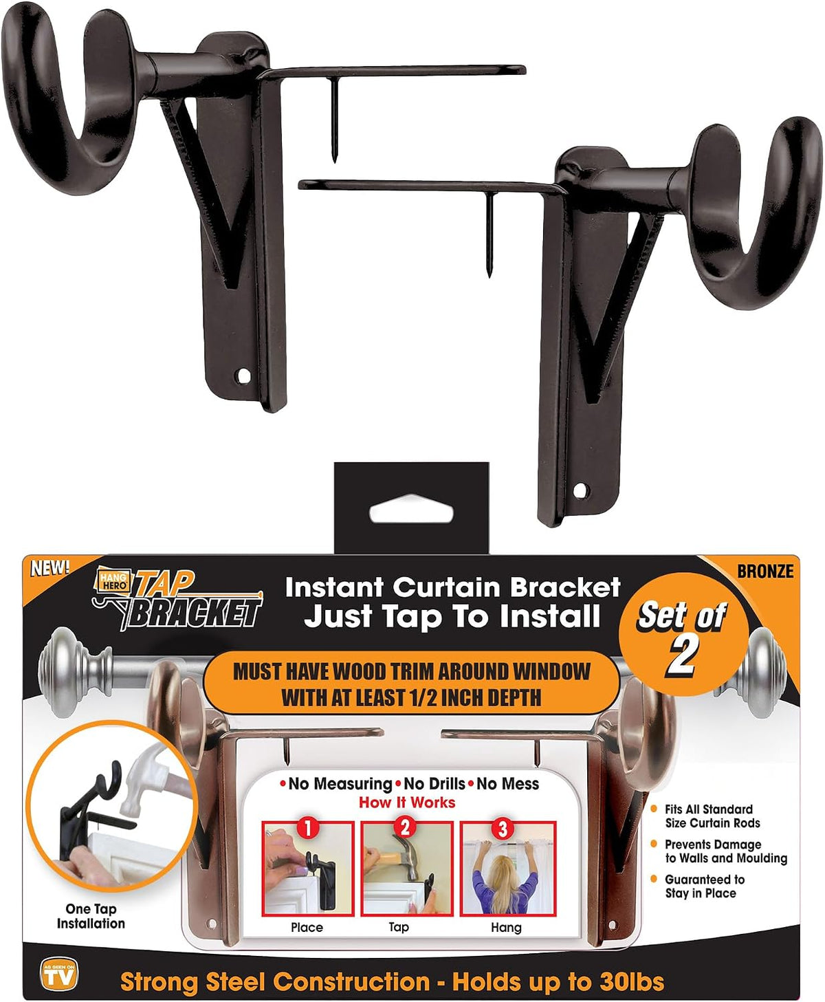Spark Innovators Tap Curtain Rod Bracket, Bronze, Set of 2 – No Drill Curtain Rod Brackets, Damage-Free, Easy to Install | Fits 1.25" Rods, Holds up to 30 lbs, As Seen on TV – Great Gift Idea for Moms