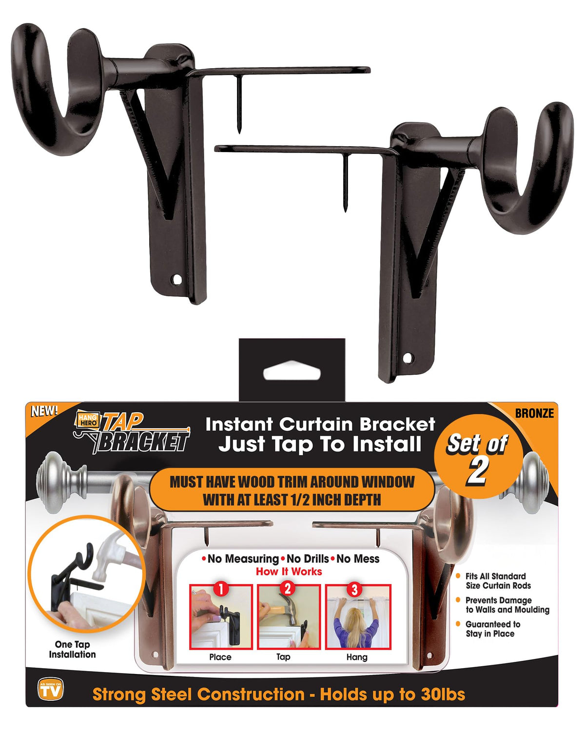 Spark Innovators Tap Curtain Rod Bracket, Bronze, Set of 2 – No Drill Curtain Rod Brackets, Damage-Free, Easy to Install | Fits 1.25" Rods, Holds up to 30 lbs, As Seen on TV – Great Gift Idea for Moms